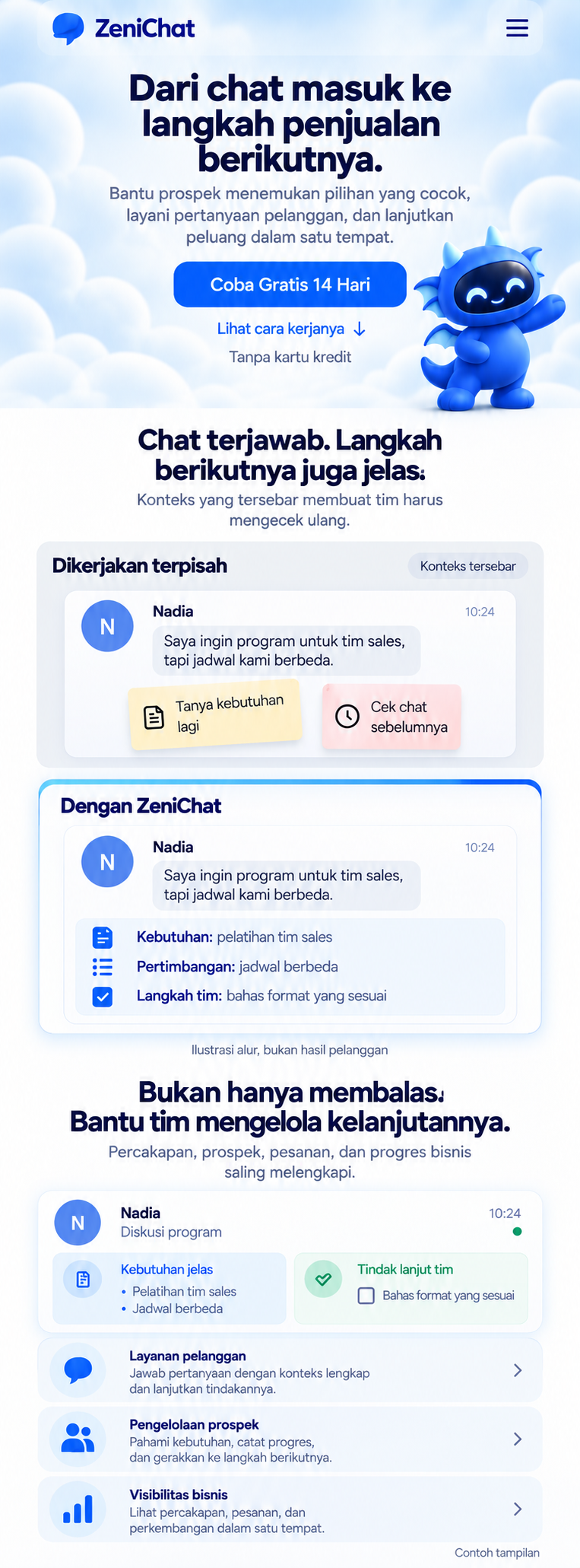 ZeniChat mobile concept: hero, stacked comparison, and lead continuation view